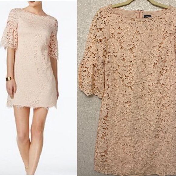 Vince Comuto blush Pink Lace Mini Dress bell sleeves scalloped scoop boat neck 4 - Picture 1 of 11